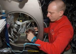 Astronaut Clay Anderson manipulating an electroplated SLA carousel in micro-gravity glovebox on ISS